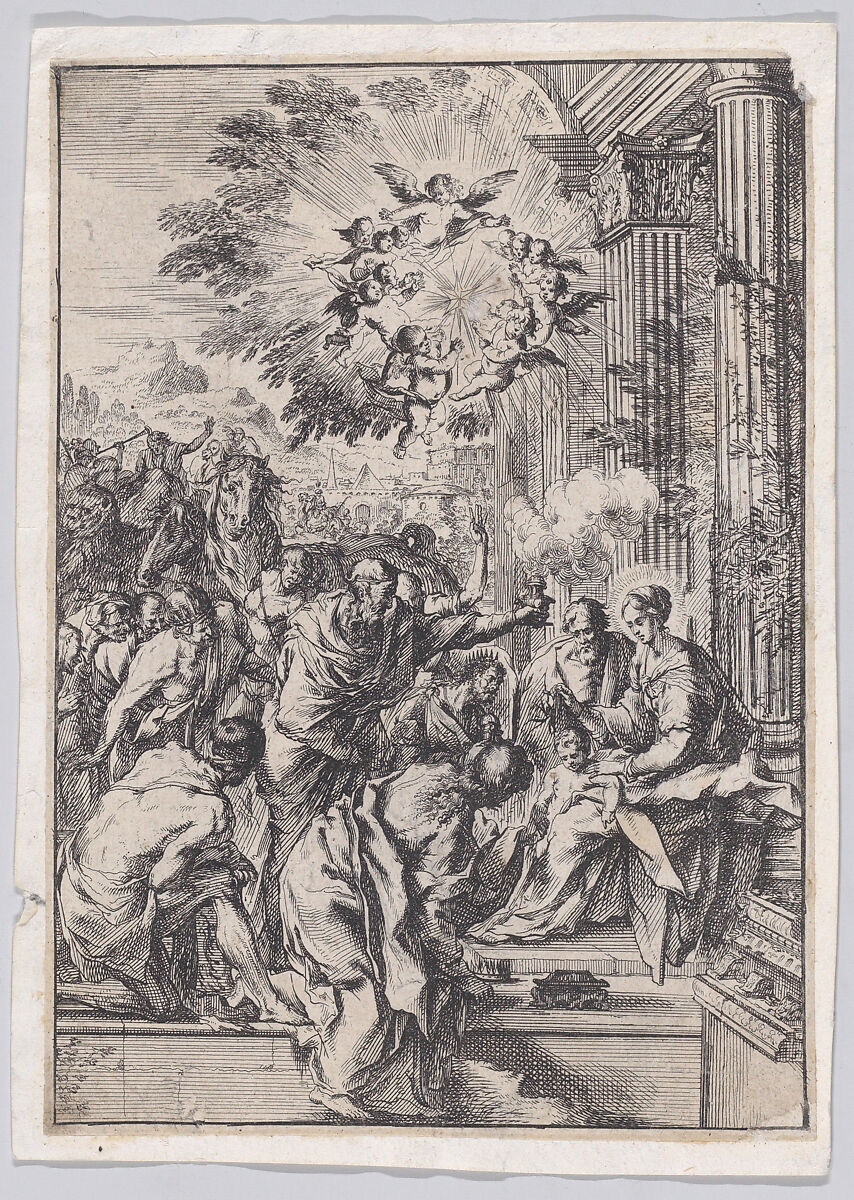 The Adoration of the Magi, set before and architectural colonnade, Pietro Testa (Italian, Lucca 1612–1650 Rome), Etching 