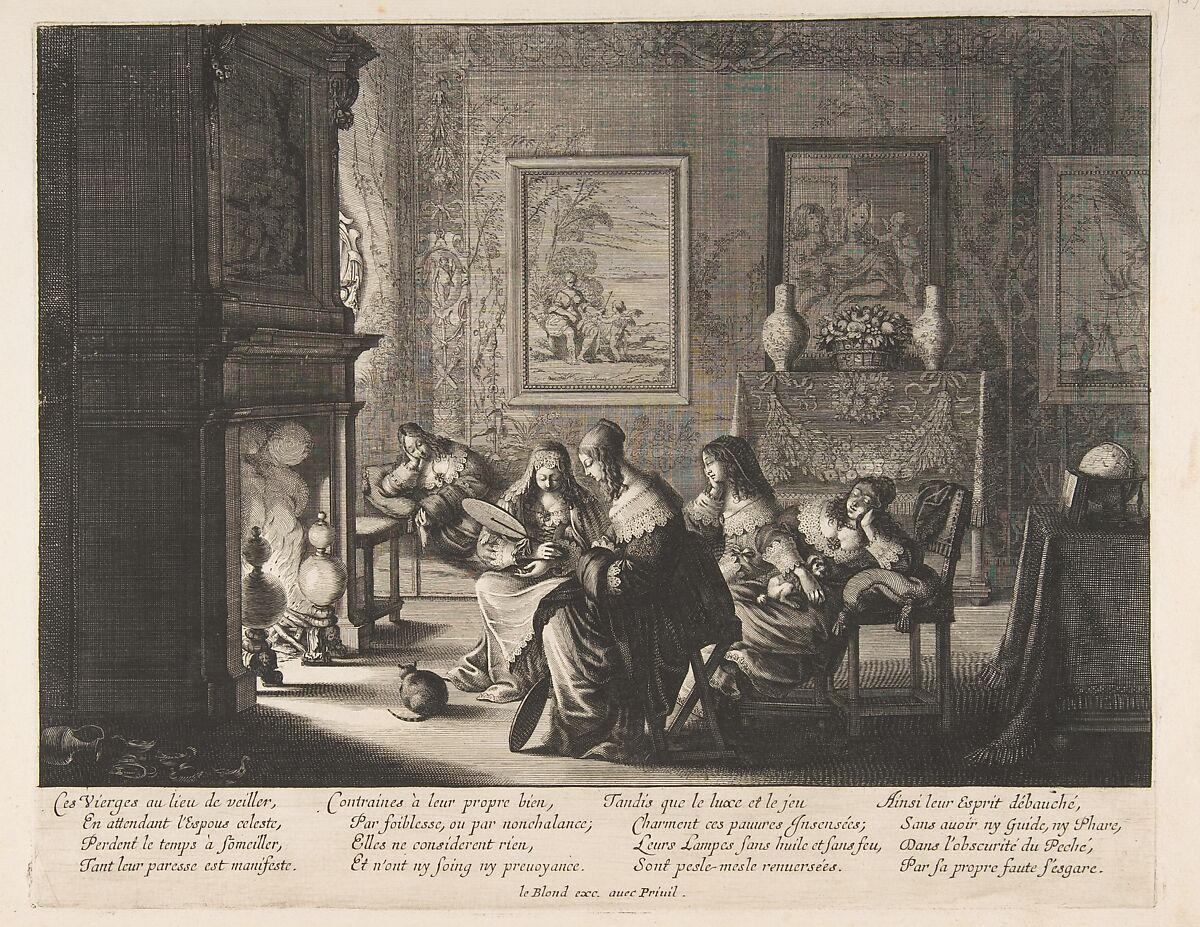 Foolish Virgins Sleeping, Abraham Bosse (French, Tours 1602/04–1676 Paris), Etching; first state of two 