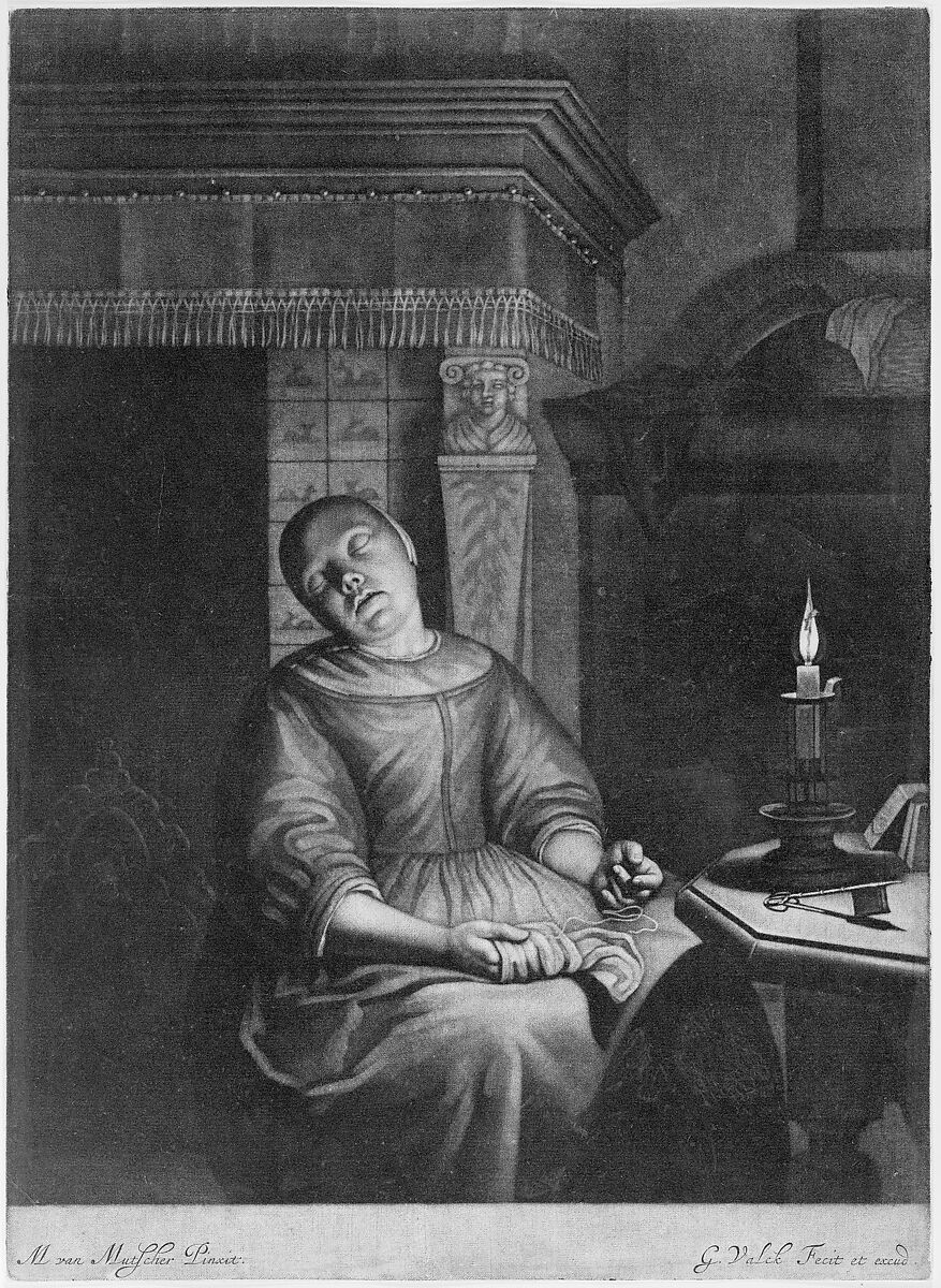 Sleeping Girl with Needlework in her Lap, Gerard Valck (Dutch, Amsterdam 1651/52–1726 Amsterdam), Mezzotint 