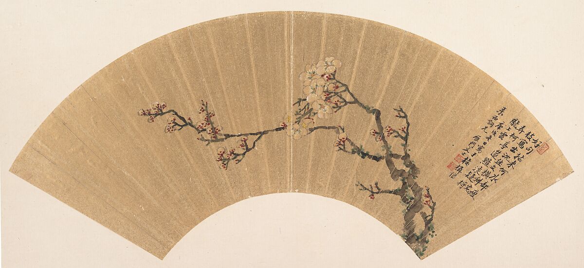 Plum Blossoms, Wen Zhi (Chinese, active mid-17th century), Folding fan mounted as an album leaf; ink and color on gold paper, China 