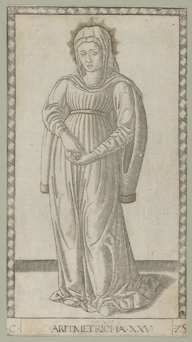 Arithmetic, Master of the E-Series Tarocchi (Italian, active Ferrara, 1460&#39;s), Engraving with gold hand coloring 