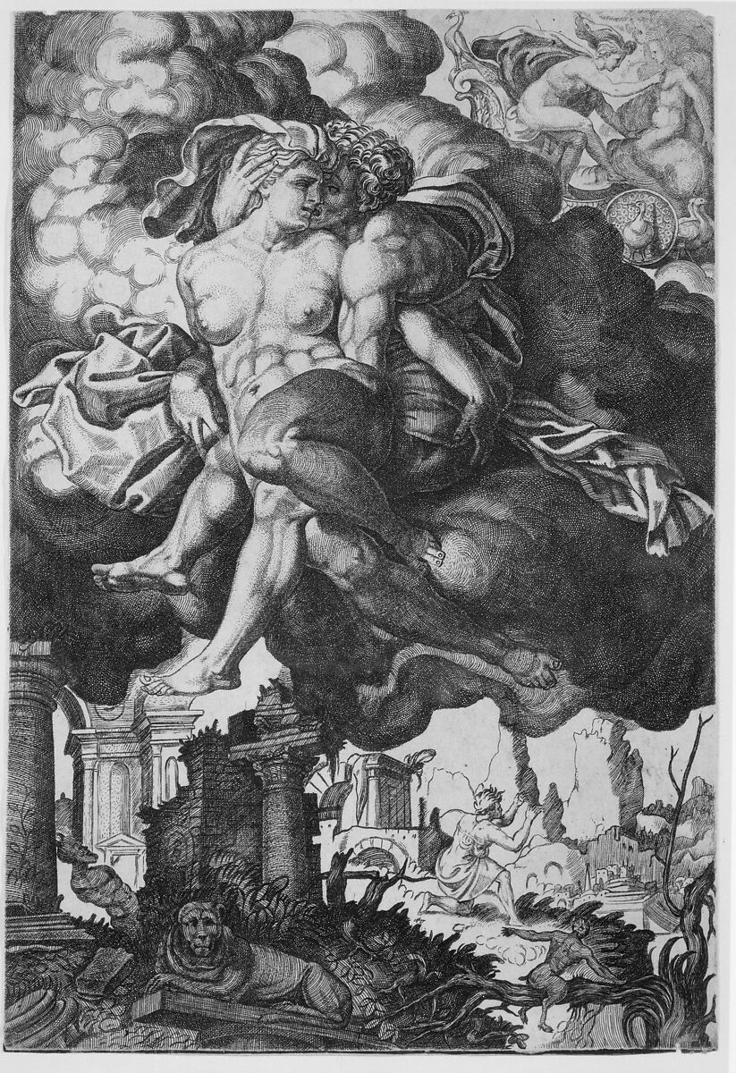 Ixion attempting to seduce Juno, surrounded by clouds with ruins below, Attributed to Giovanni Jacopo Caraglio (Italian, Parma or Verona ca. 1500/1505–1565 Krakow (?)), Engraving 