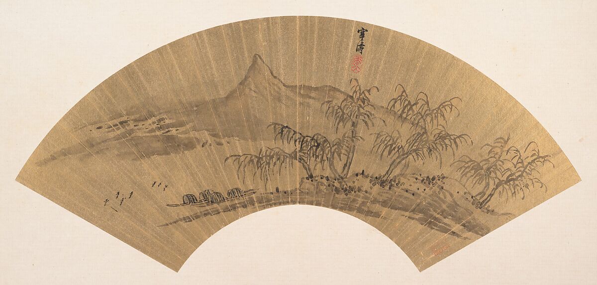 Riverscape with moored boats, Wu Shantao (Chinese, 1624–after 1710), Folding fan mounted as an album leaf; ink on gold paper, China 