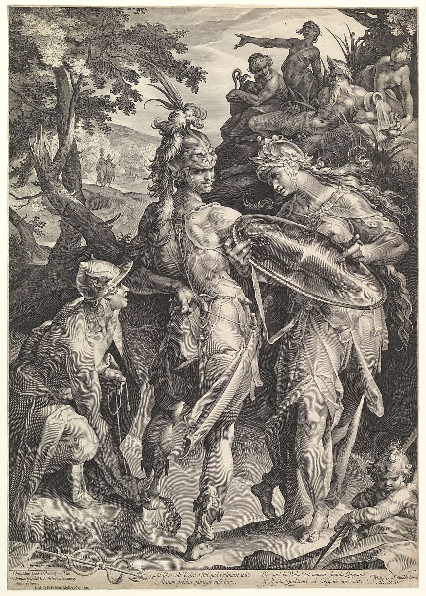 Minerva and Mercury Arming Perseus, Jan Muller (Netherlandish, Amsterdam 1571–1628 Amsterdam), Engraving; New Holl.'s third state of three 