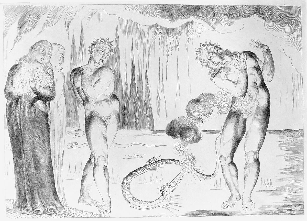 The Circle of the Thieves; Buoso Donati Attacked by the Serpent, William Blake (British, London 1757–1827 London), Engraving