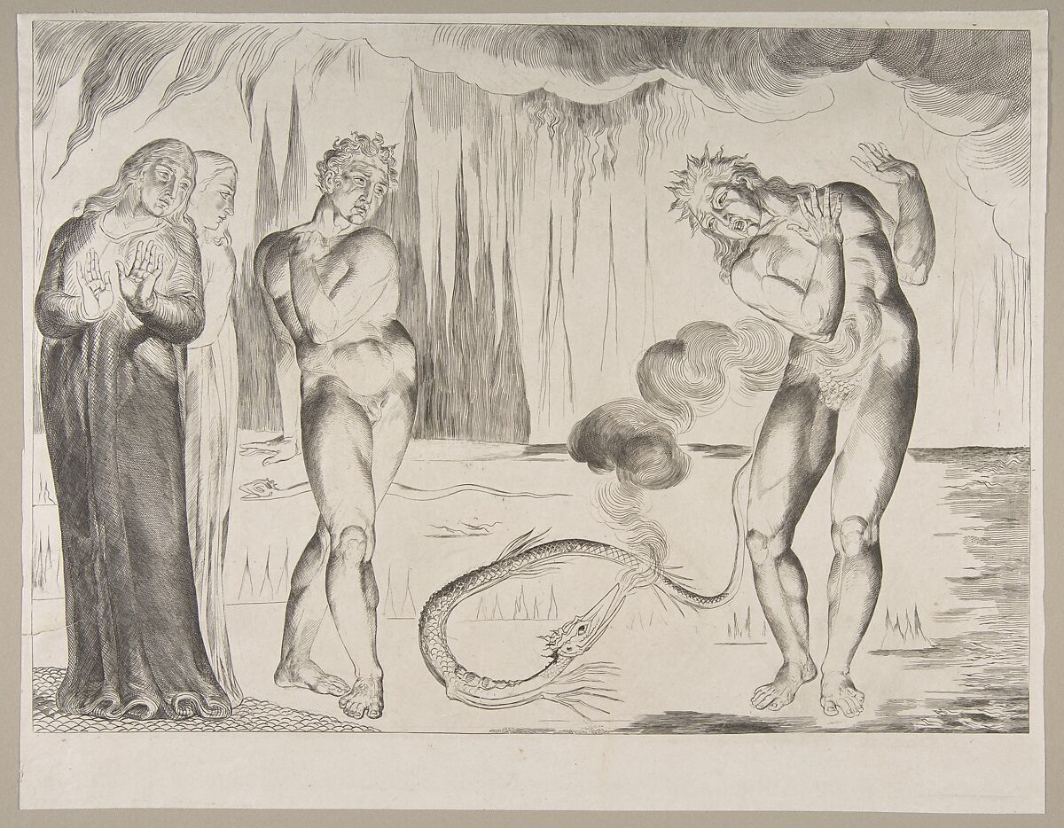 The Circle of the Thieves; Buoso Donati Attacked by the Serpent, William Blake (British, London 1757–1827 London), Engraving 