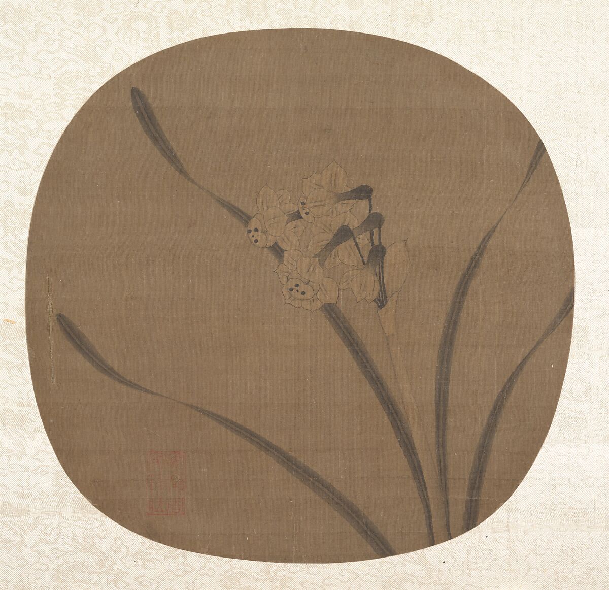 Narcissus, Fan mounted as an album leaf; ink and color on silk, China 