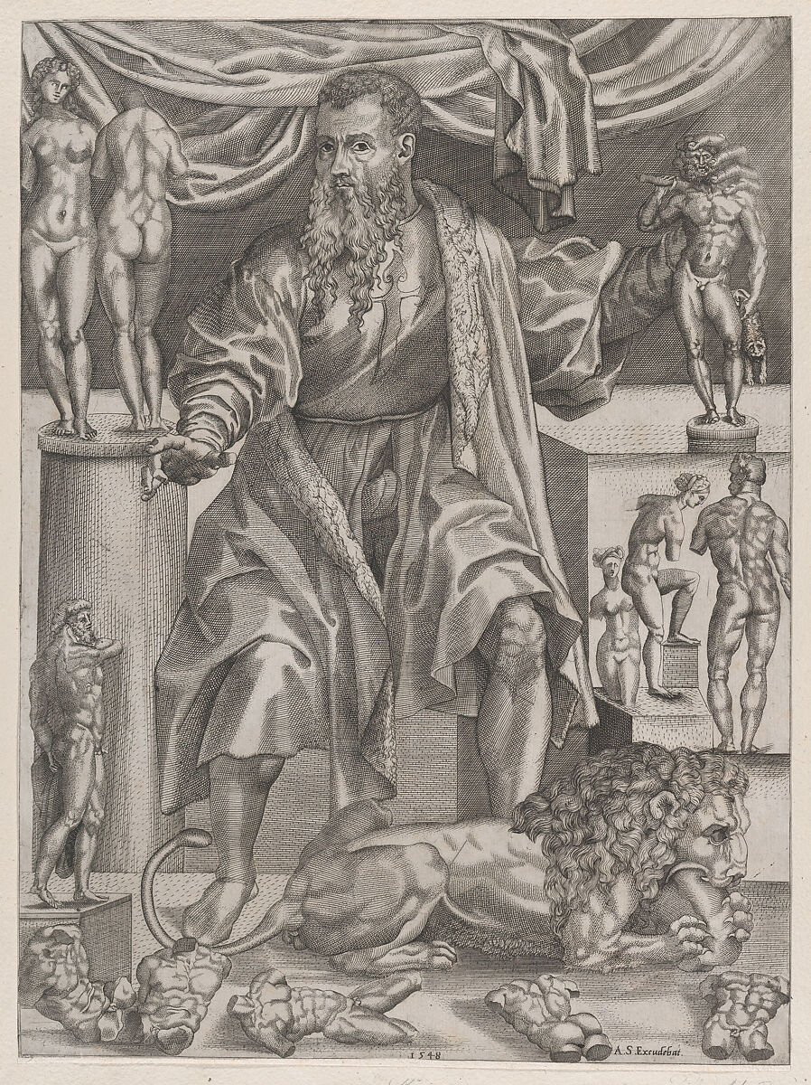 Portrait of Baccio Bandinelli with Lion, Anonymous, 16th century, Engraving 