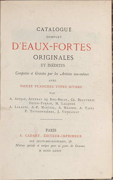 Catalogue complet d'eaux-fortes originales et inedites, Published and edited by Alfred Cadart (French, Saint-Omer 1828–1875 Paris)  , Paris, Etching 