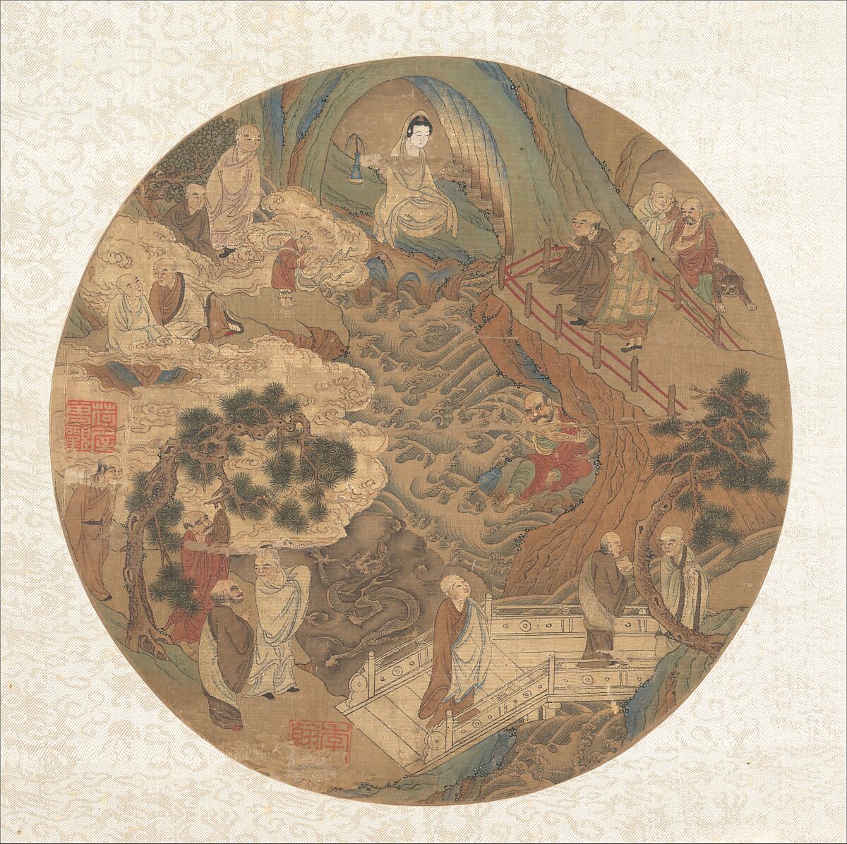 Guanyin and the sixteen luohans, Unidentified artist, Round fan mounted as an album leaf; ink, color, and gold on silk, China 