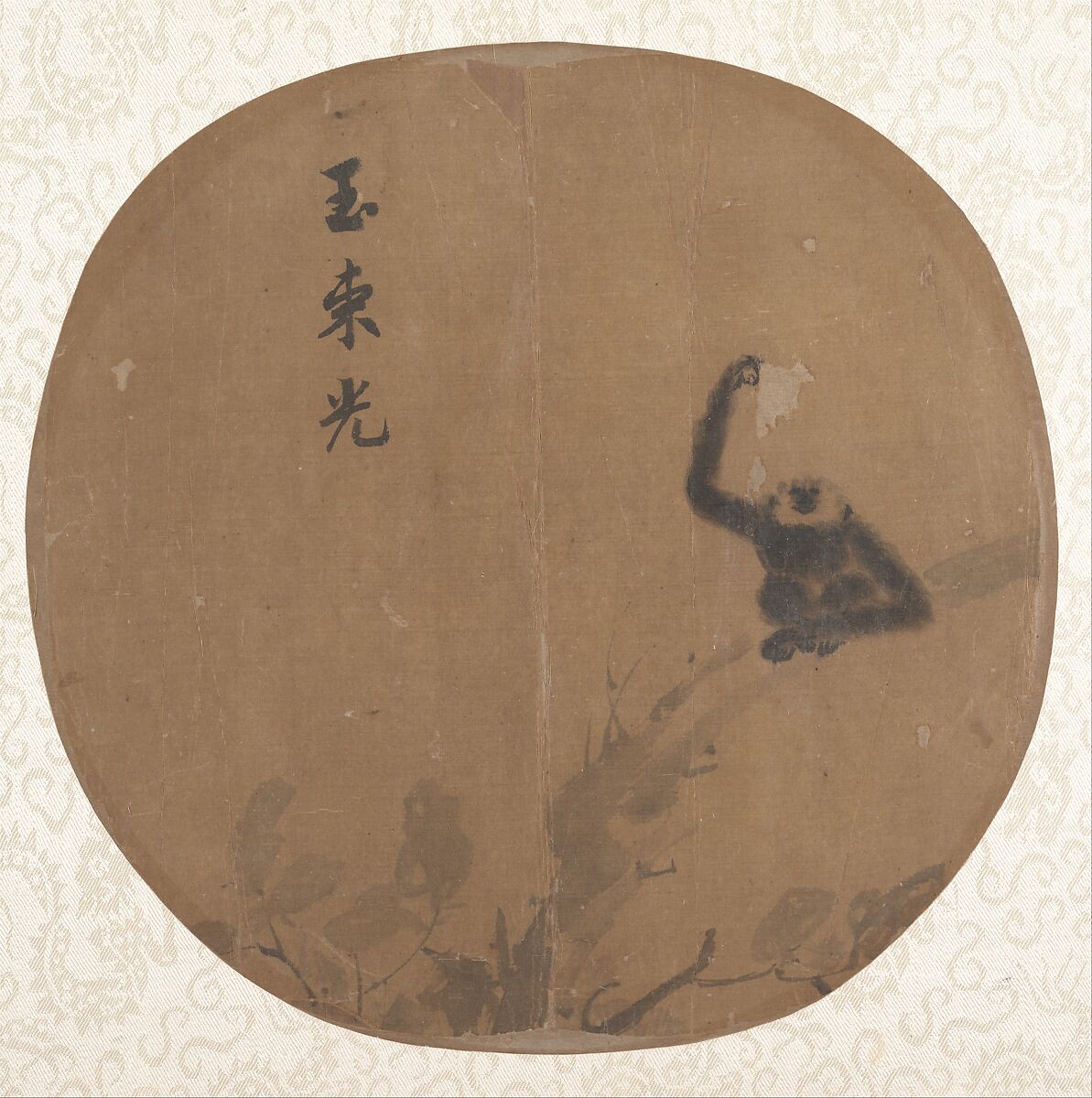 Gibbon Seated on a Branch, Unidentified artist, Fan mounted as an album leaf; ink on silk, China 