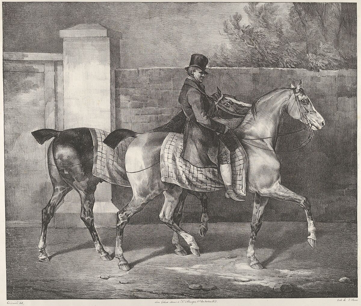 Two Horses Exercised by a Jockey, Théodore Gericault (French, Rouen 1791–1824 Paris), Lithograph 