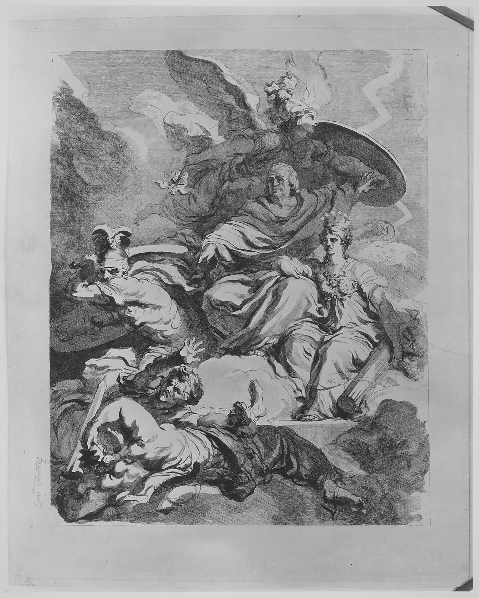 To the Genius of Franklin, Marguerite Gérard (French, Grasse 1761–1837 Paris), Etching printed in brown ink; first state of two