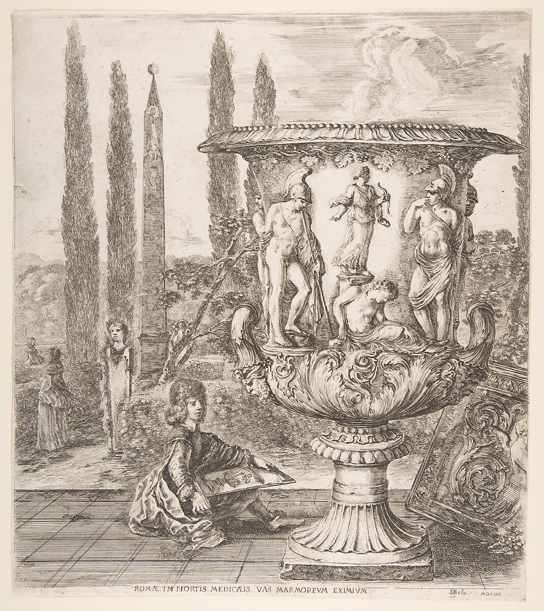 The Medici vase, a large vase to right decorated with a representation of the sacrifice of Iphigenia, on a garden terrace, a teenage boy seated to left with a pen and paper with a drawing of the vase, cyprus trees and an obelisk to left in the background, from "Six large views, four of Rome, and two of the Roman countryside" (Six grandes vues, dont quatre de Rome et deux de la Campagne romaine), Stefano della Bella (Italian, Florence 1610–1664 Florence), Etching; second state of two 