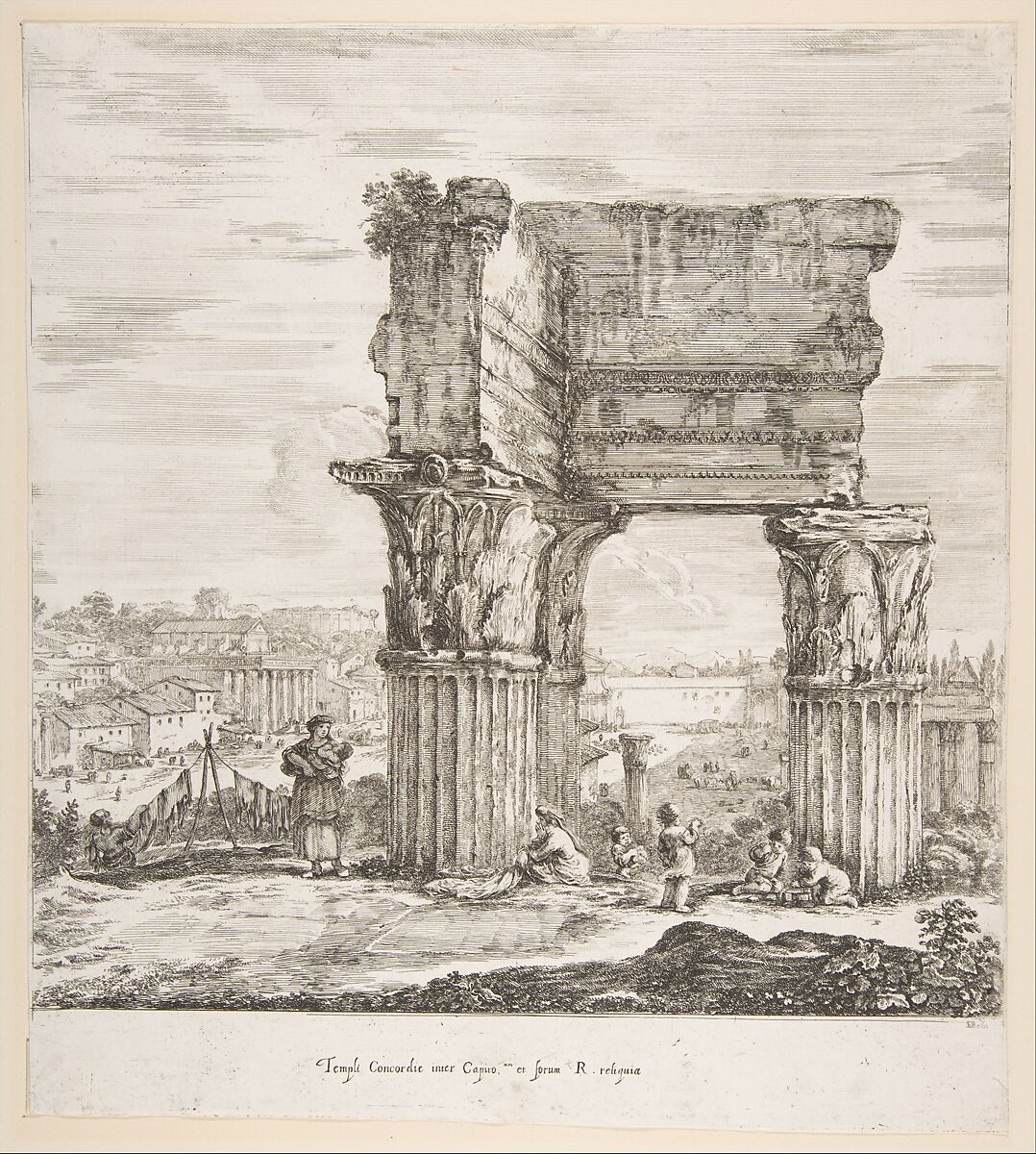 The Temple of Vespasian and the Roman Forum, from "Six large views, four of Rome, and two of the Roman countryside" (Six grandes vues, dont quatre de Rome et deux de la Campagne romaine), Stefano della Bella (Italian, Florence 1610–1664 Florence), Etching; second state of two 