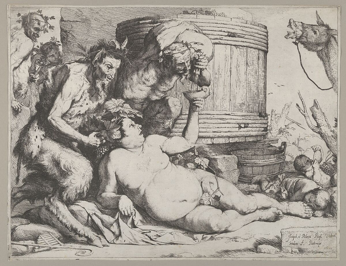 Drunken Silenus holding a cup aloft into which a Satyr pours wine