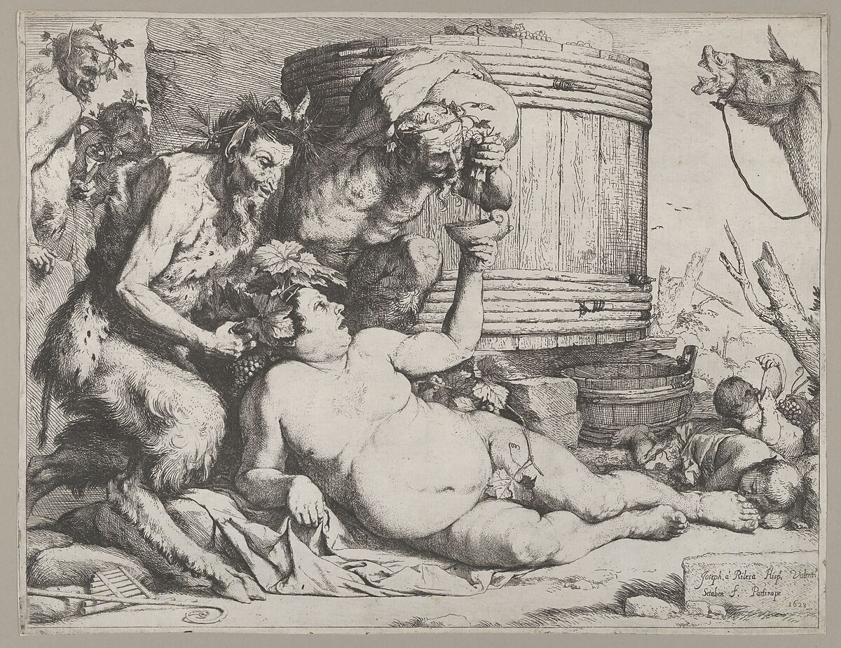 Drunken Silenus holding a cup aloft into which a Satyr pours wine, Jusepe de Ribera (called Lo Spagnoletto)  Spanish, Etching with drypoint, engraving, and burnishing