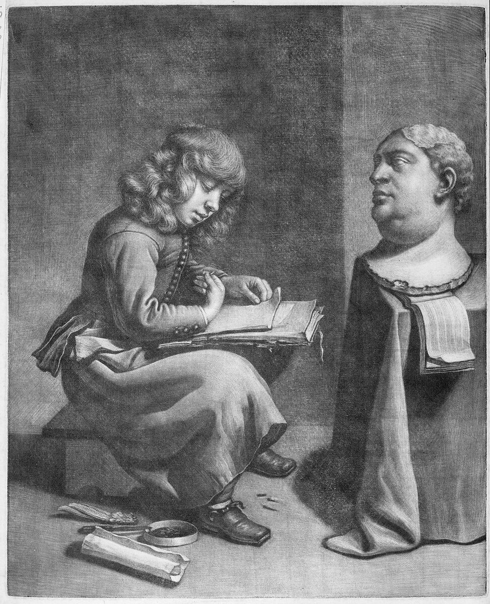 Boy Drawing a Bust of the Roman Emperor Vitellius, Wallerant Vaillant (Dutch, Lille 1623–1677 Amsterdam), Mezzotint printed in brown ink; first state of two 