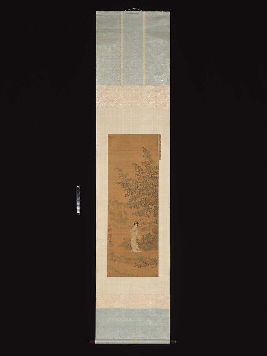 Lady in a bamboo grove, Attributed to Qiu Ying (Chinese, ca. 1495–1552), Hanging scroll; ink and color on silk, China