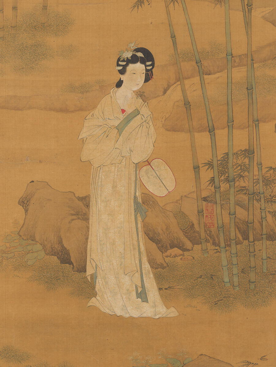 Lady in a bamboo grove, Attributed to Qiu Ying (Chinese, ca. 1495–1552), Hanging scroll; ink and color on silk, China