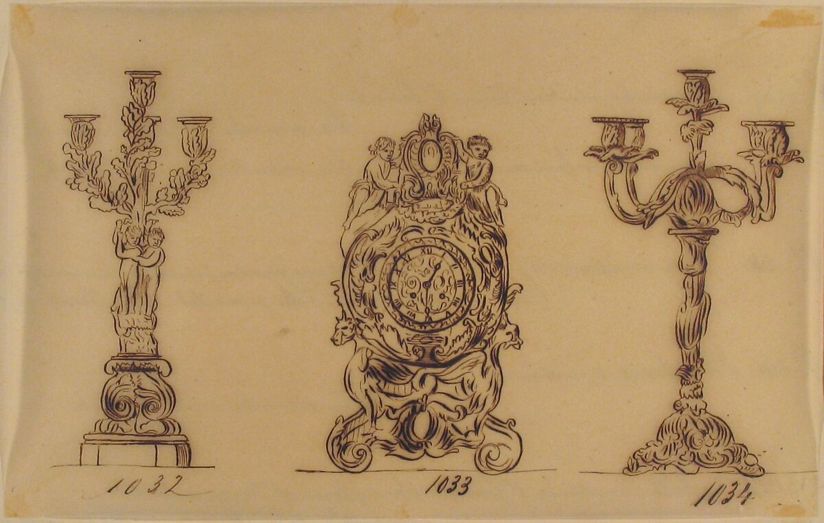 Designs for a Clock and Two Candelabras, Anonymous, French, 19th century, Pen and brown ink