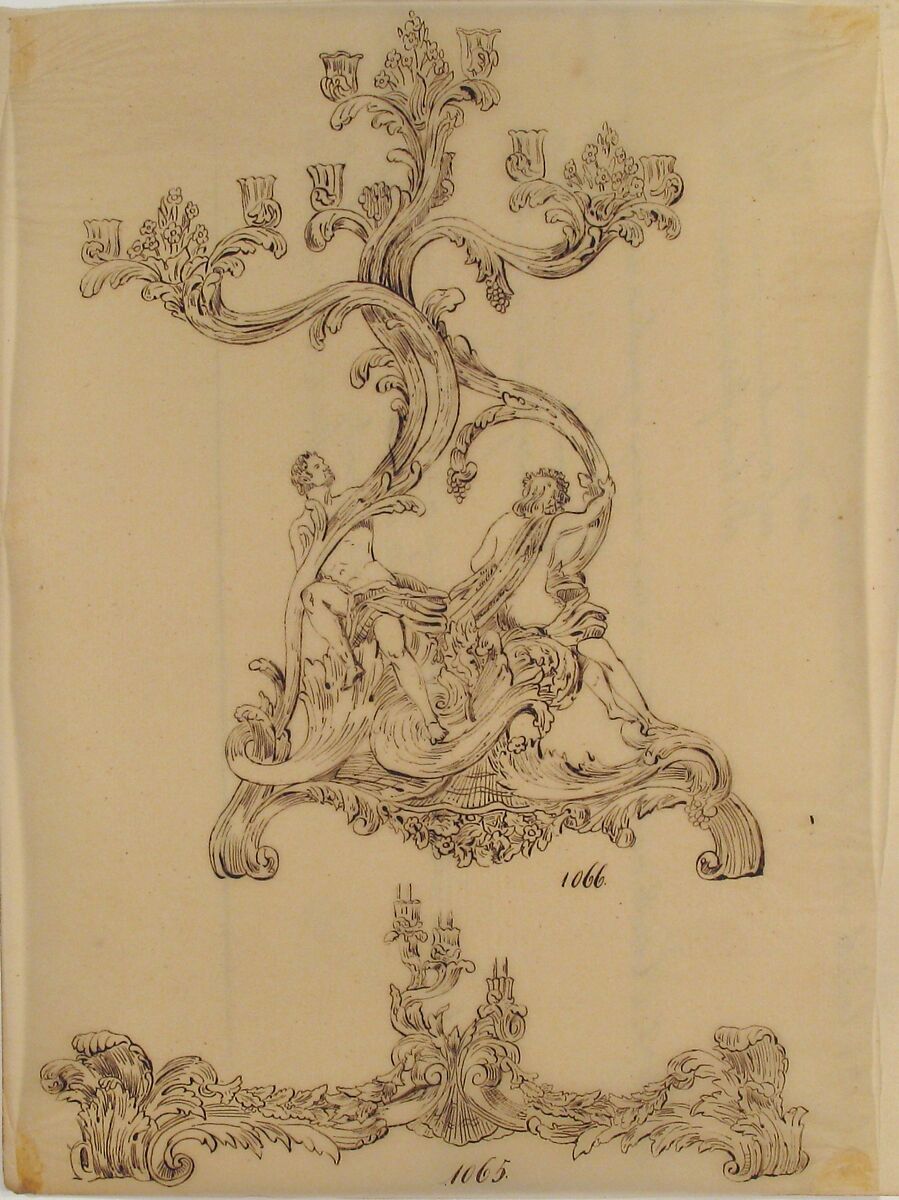 Designs for Two Candelabras, Anonymous, French, 19th century, Pen and brown ink