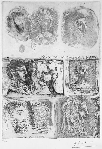 Nine Heads, Pablo Picasso (Spanish, Malaga 1881–1973 Mougins, France), Etching, drypoint, and sugar-lift aquatint