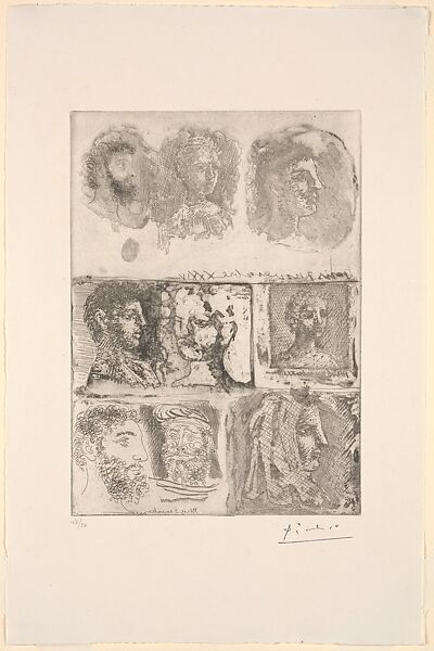 Nine Heads, Pablo Picasso (Spanish, Malaga 1881–1973 Mougins, France), Etching, drypoint, and sugar-lift aquatint 