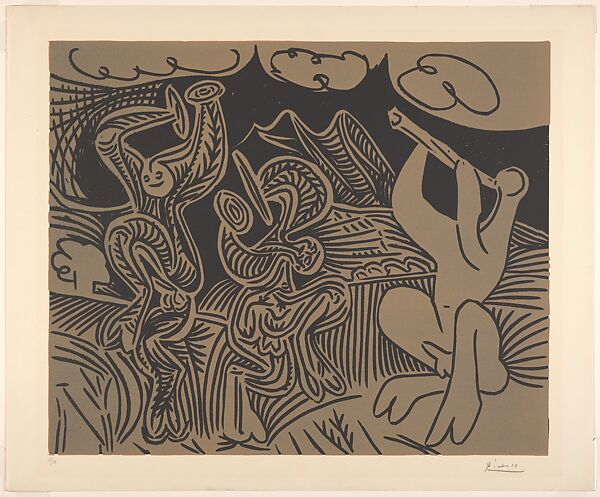 Bacchanal: Flutist and Dancers with Cymbals, Pablo Picasso (Spanish, Malaga 1881–1973 Mougins, France), Linoleum cut 