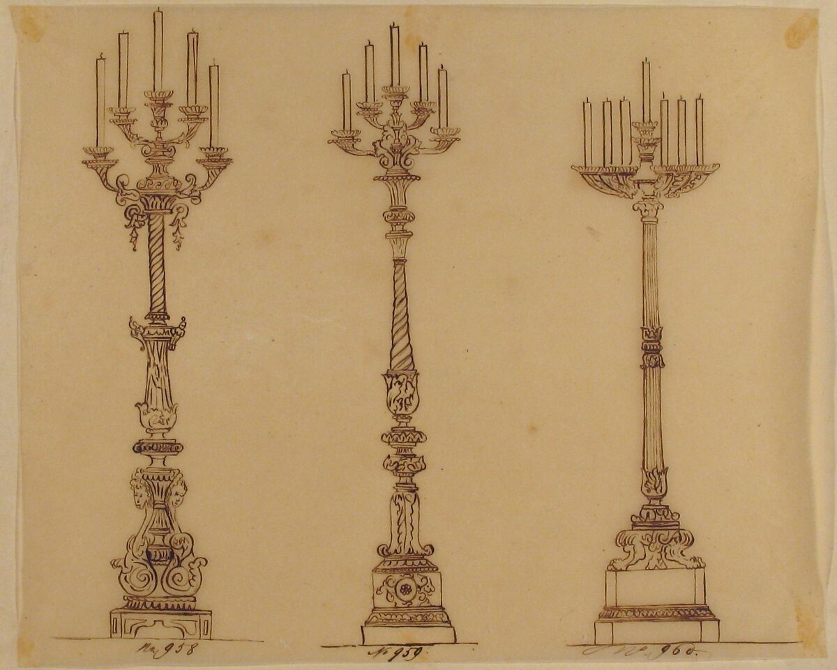 Designs for Three Candelabras, Anonymous, French, 19th century, Pen and brown ink