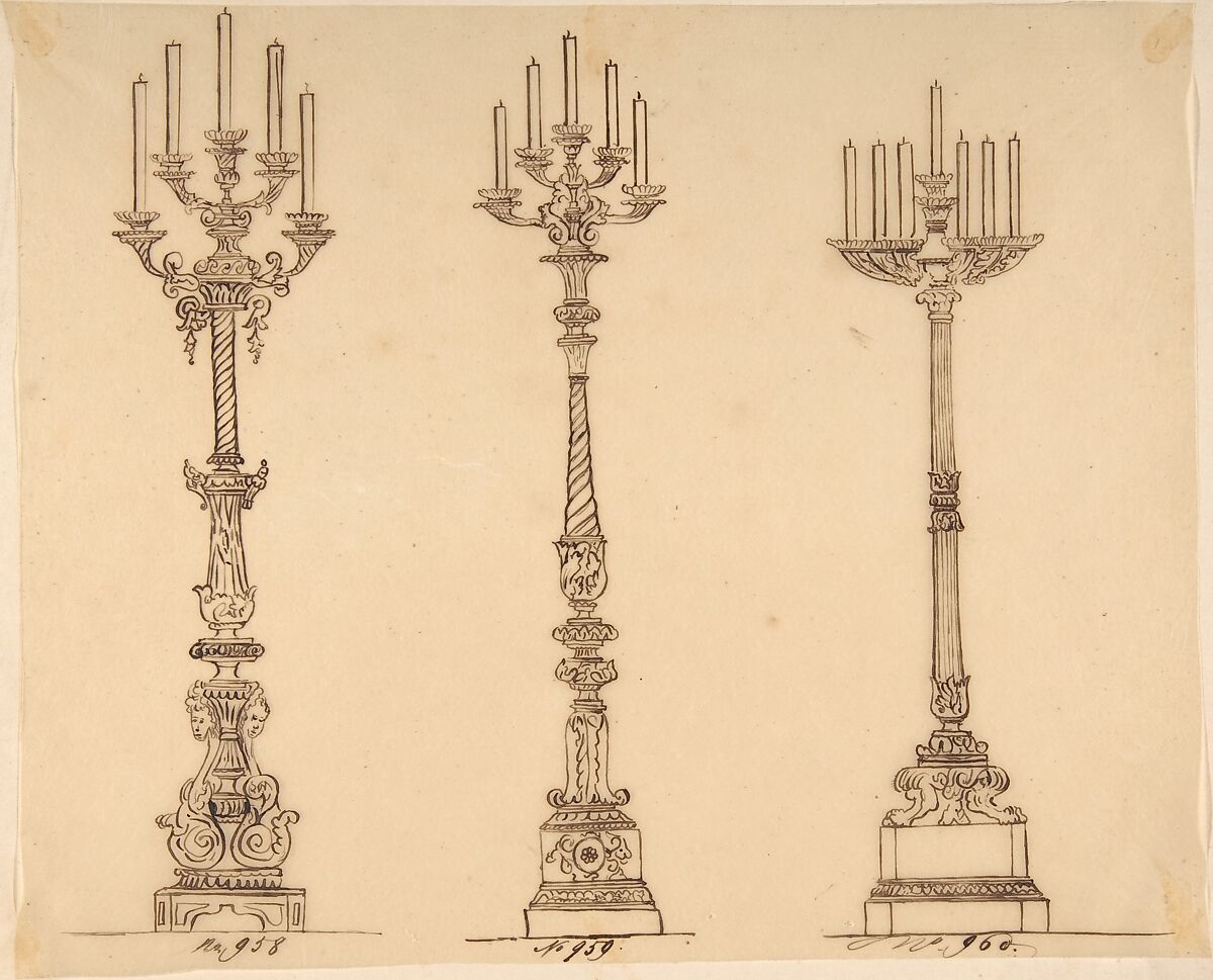 Designs for Three Candelabras, Anonymous, French, 19th century, Pen and brown ink 