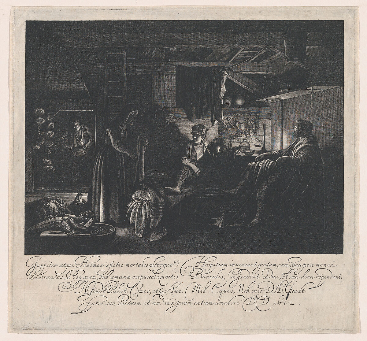 Jupiter and Mercury in the House of Philemon and Baucis, Hendrick Goudt (Dutch, The Hague 1583–1648 Utrecht), Etching; second state of two 