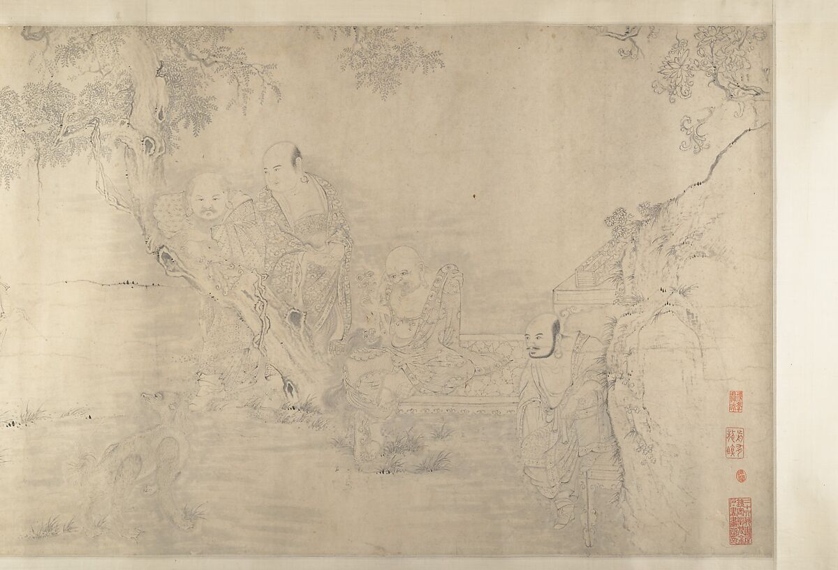 (Copy after) The Sixteen Luohans, In the Style of Shitao (Zhu Ruoji) (Chinese, 1642–1707), Handscroll; ink on paper, China