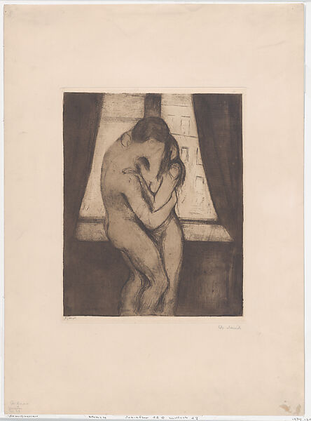 The Kiss, Edvard Munch (Norwegian, Løten 1863–1944 Ekely), Etching, drypoint, open bite and burnishing, printed in brown ink 