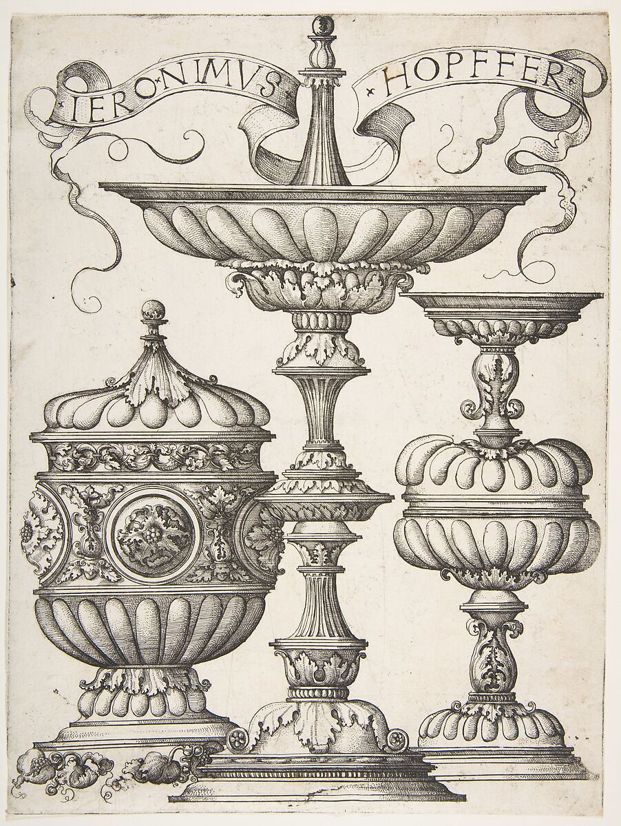 Three Vessels, Hieronymus Hopfer (German, ca. 1500–?1563), Etching; second state of two 