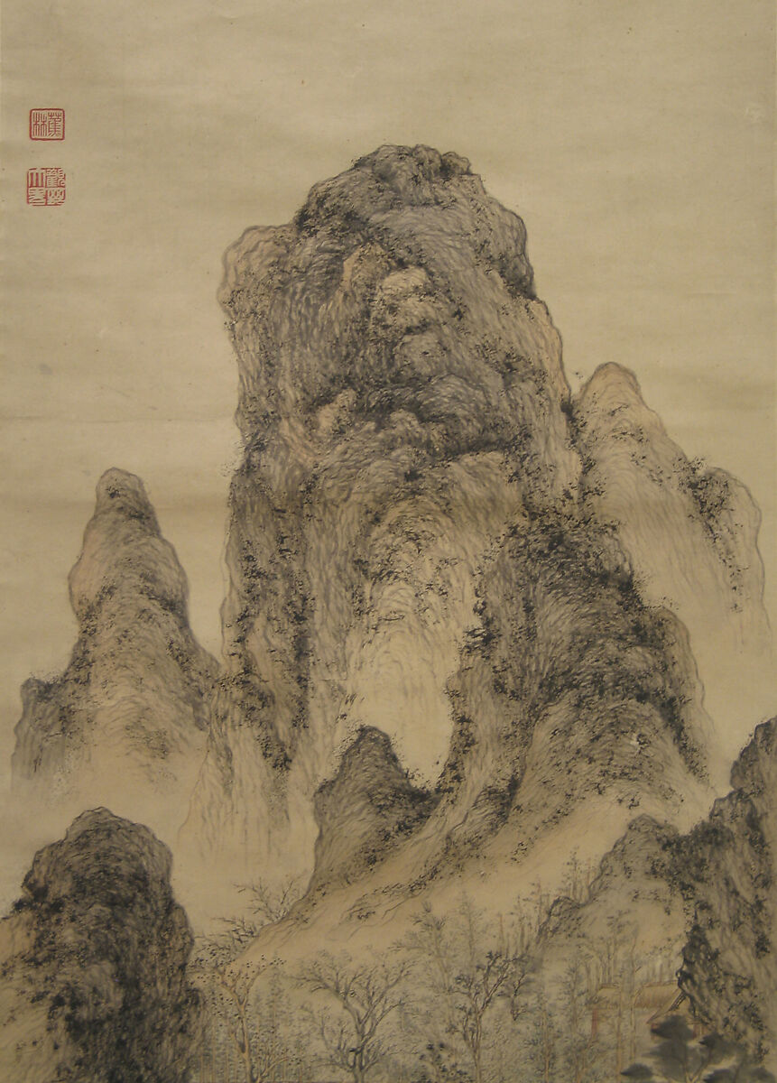 Enjoying the Moon: Landscape in the Manner of Wang Meng, Gu Yide (active ca. 1620–1630), Hanging scroll; ink and color on paper, China