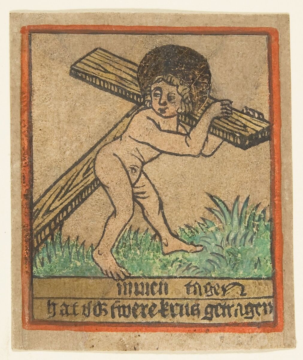 New Year's Card: Christ Child with the Cross, Anonymous, South Germany, 15th century, Woodcut, hand-colored, with traces of gilt 