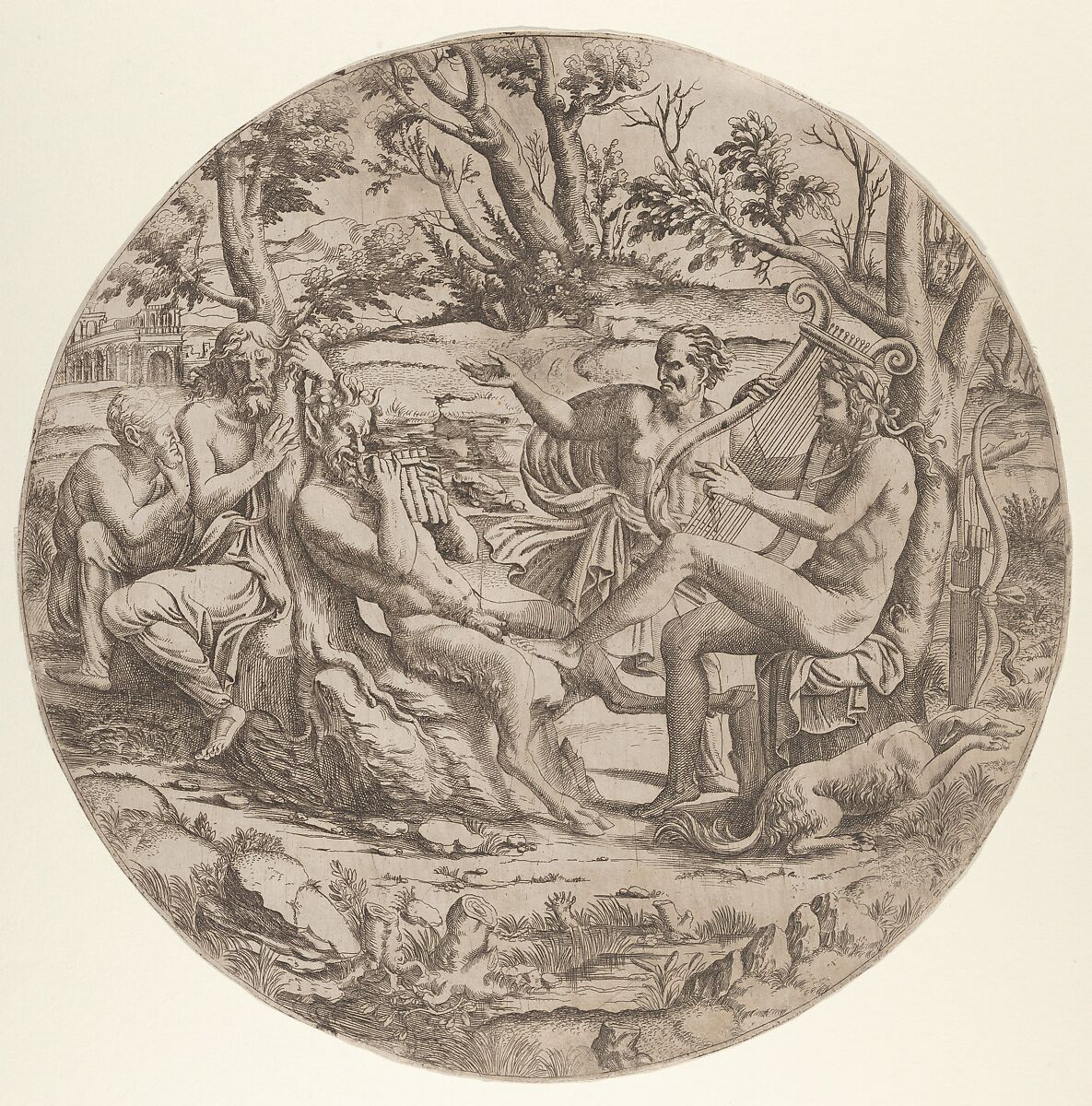 Contest between Apollo and Marsyas, Anonymous, French, School of Fontainebleau, 16th century, Etching 