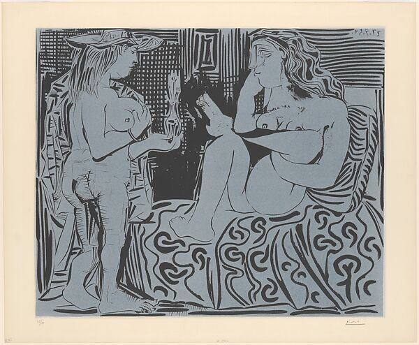 Two Women with a Vase of Flowers, Pablo Picasso (Spanish, Malaga 1881–1973 Mougins, France), Linoleum cut 