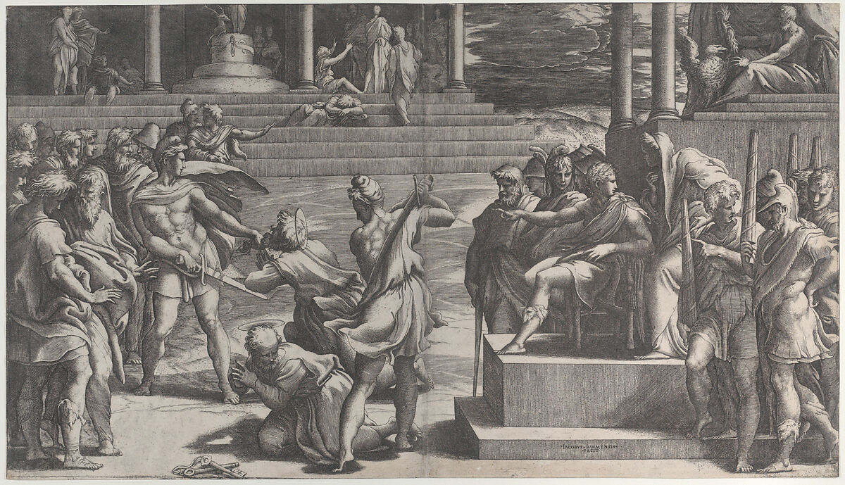 The martyrdom of Saint Paul and the condemnation of Saint Peter, Giovanni Jacopo Caraglio (Italian, Parma or Verona ca. 1500/1505–1565 Krakow (?)), Engraving; first state of three 