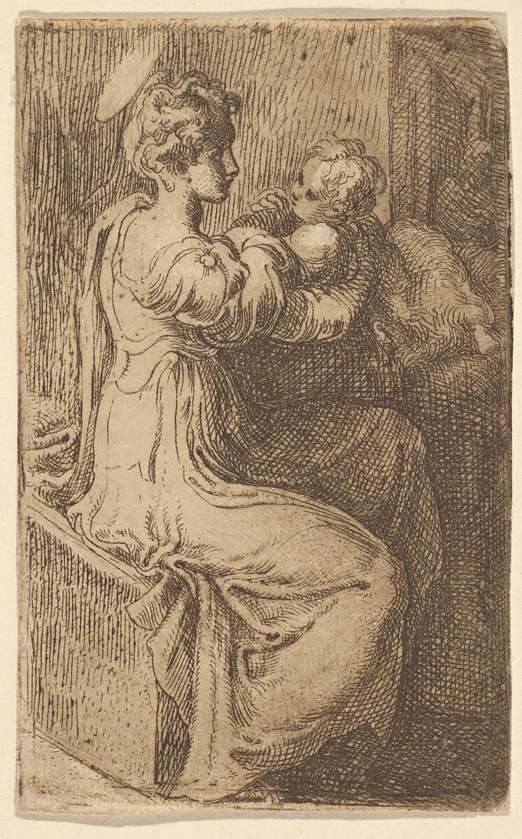 Virgin and Child, Parmigianino (Girolamo Francesco Maria Mazzola) (Italian, Parma 1503–1540 Casalmaggiore), Etching with engraving and drypoint printed in brown; second state of four 