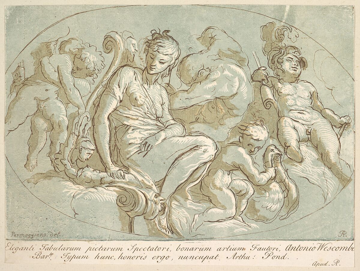 Venus Surrounded by Putti, Arthur Pond (British, London 1701–1758 London), Etching, aquatint, and colored woodcut 