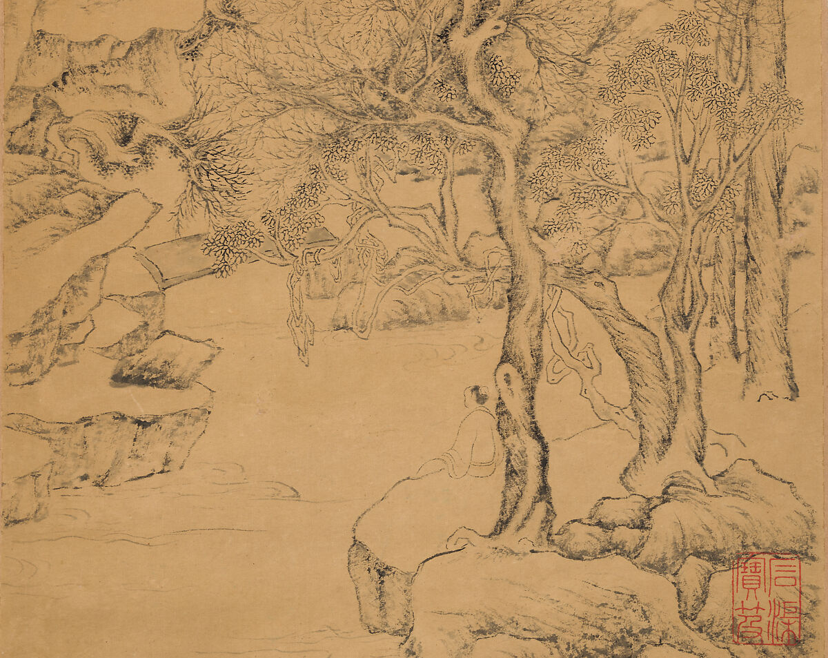 Recluse gazing at a waterfall, Ju Jie (Chinese, active ca. 1531–1585), Hanging scroll; ink on paper, China