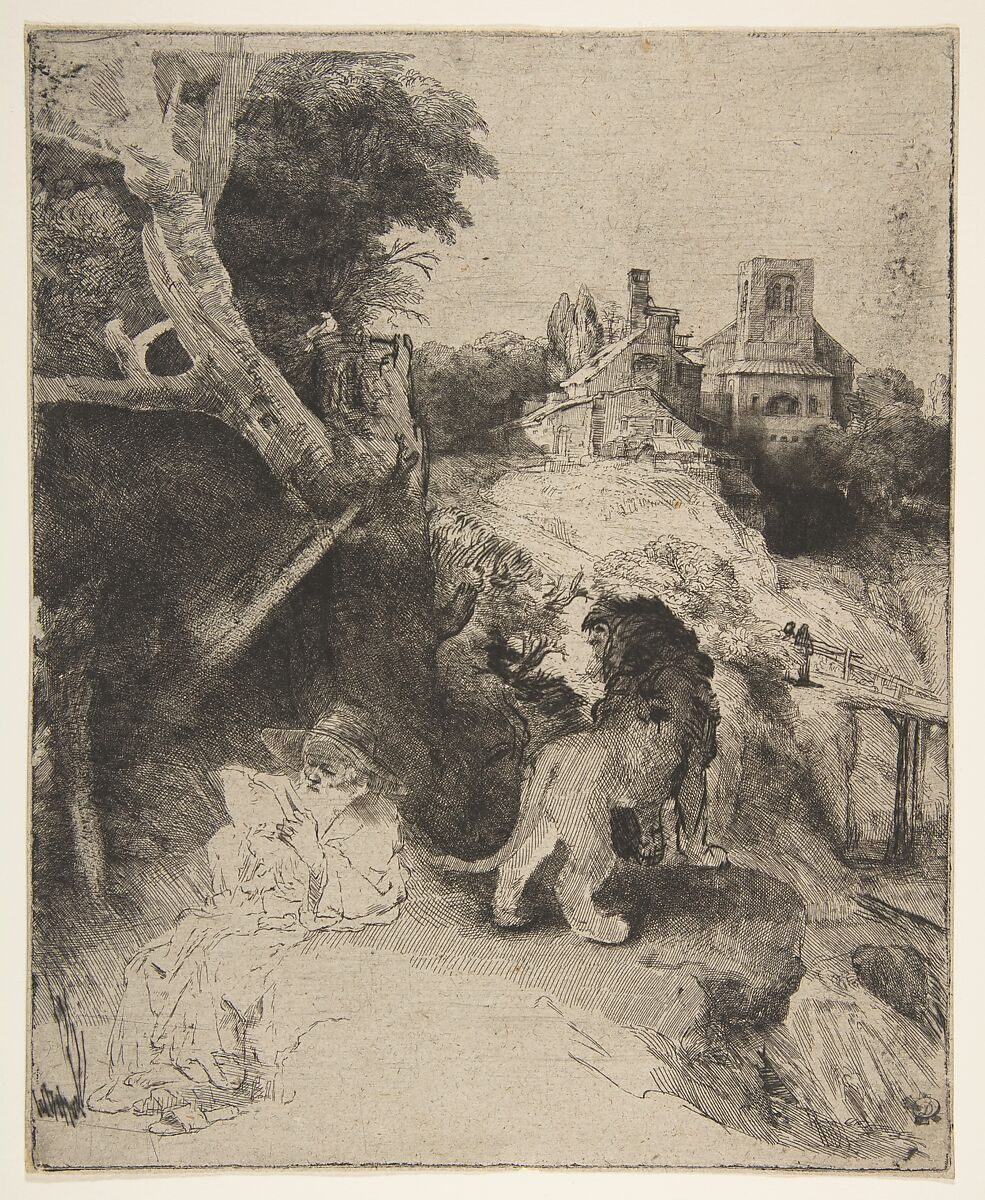 St. Jerome Reading in an Italian Landscape, Rembrandt (Rembrandt van Rijn) (Dutch, Leiden 1606–1669 Amsterdam), Etching, drypoint, and engraving on oatmeal paper; second state of two 