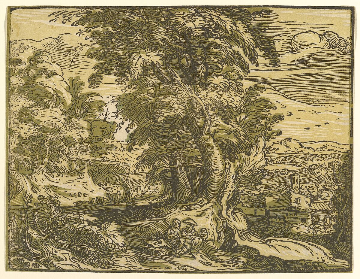 Landscape with Seated Couple, Hendrick Goltzius (Netherlandish, Mühlbracht 1558–1617 Haarlem), Chiaroscuro woodcut from three blocks; second state 