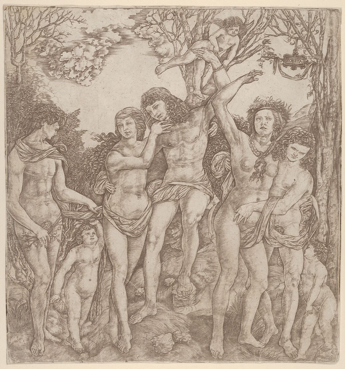 Allegory of the Power of Love, with a man at center embracing a semi-naked woman, who is bound to a tree by Cupid, Cristofano di Michele Martini (Il Robetta) (Italian, Florence 1462–after 1535 Florence), Engraving in brown ink 