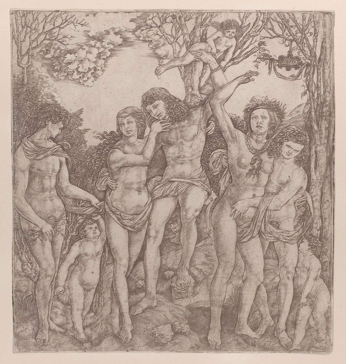 Allegory of the Power of Love, with a man at center embracing a semi-naked woman, who is bound to a tree by Cupid, Cristofano di Michele Martini (Il Robetta) (Italian, Florence 1462–after 1535 Florence), Engraving in brown ink