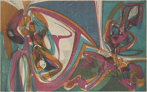 Cinq Personnages, Stanley William Hayter (British, London 1901–1988 Paris), Engraving and soft-ground etching; simultaneous color printing with stencils 