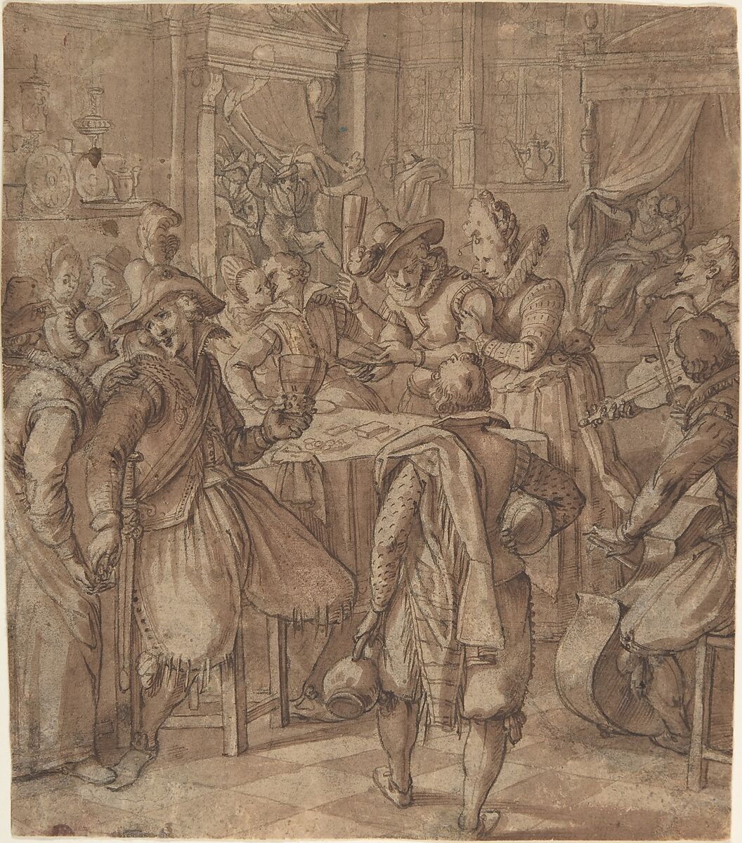The Prodigal Son Squanders his Fortune with Prostitutes, Augustin Braun  German, Pen and brown ink, brush and brown wash