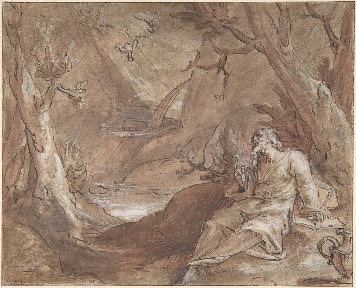 Elijah Fed by Ravens, Jan Muller (Netherlandish, Amsterdam 1571–1628 Amsterdam), Pen and brown ink, brush and brown wash, heightened with white 
